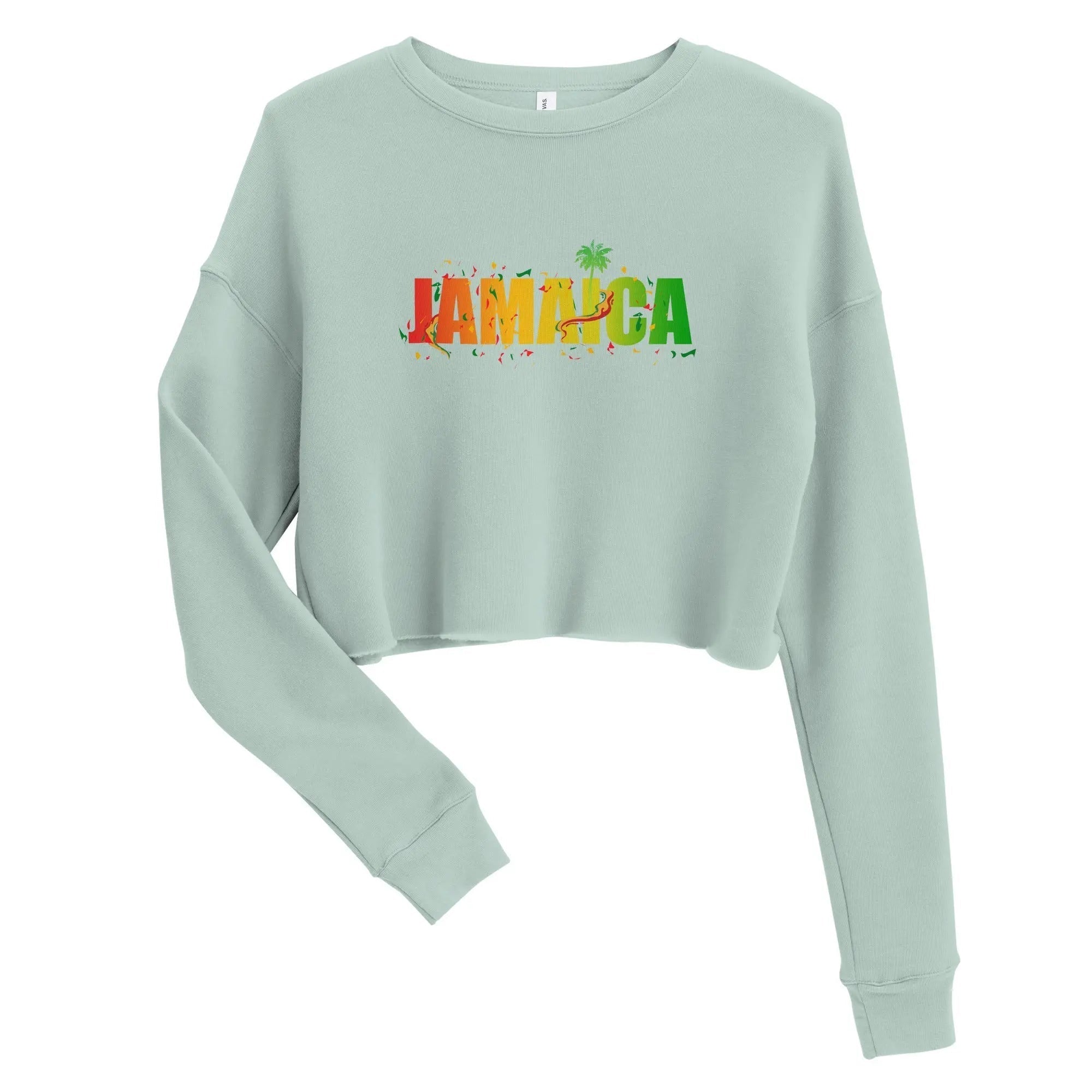 Light green cropped sweatshirt with colorful Jamaica Out Of Many One People tropical design on front