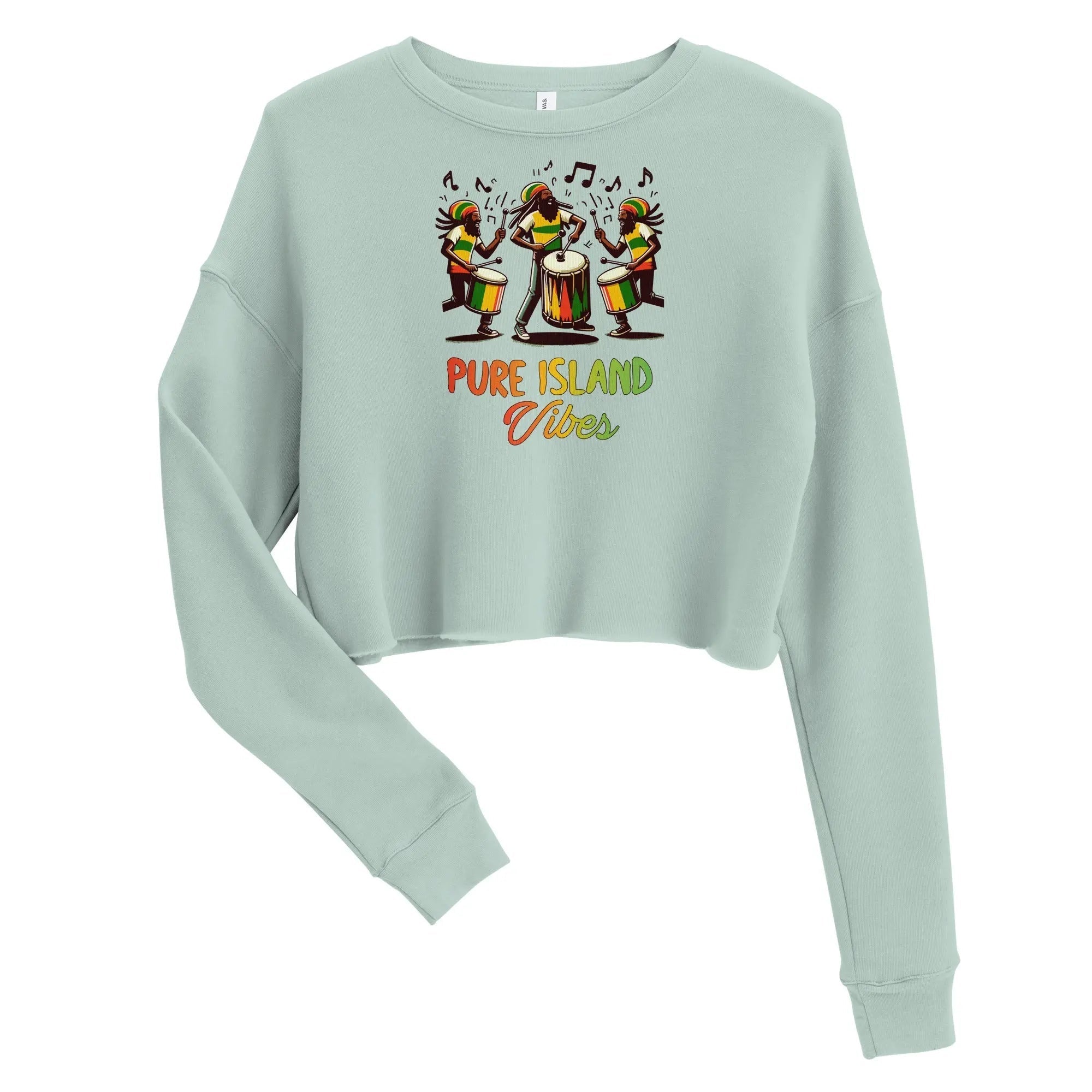 Light green Pure Island Vibes cropped sweatshirt with colorful drummers graphic and ribbed crew neckline