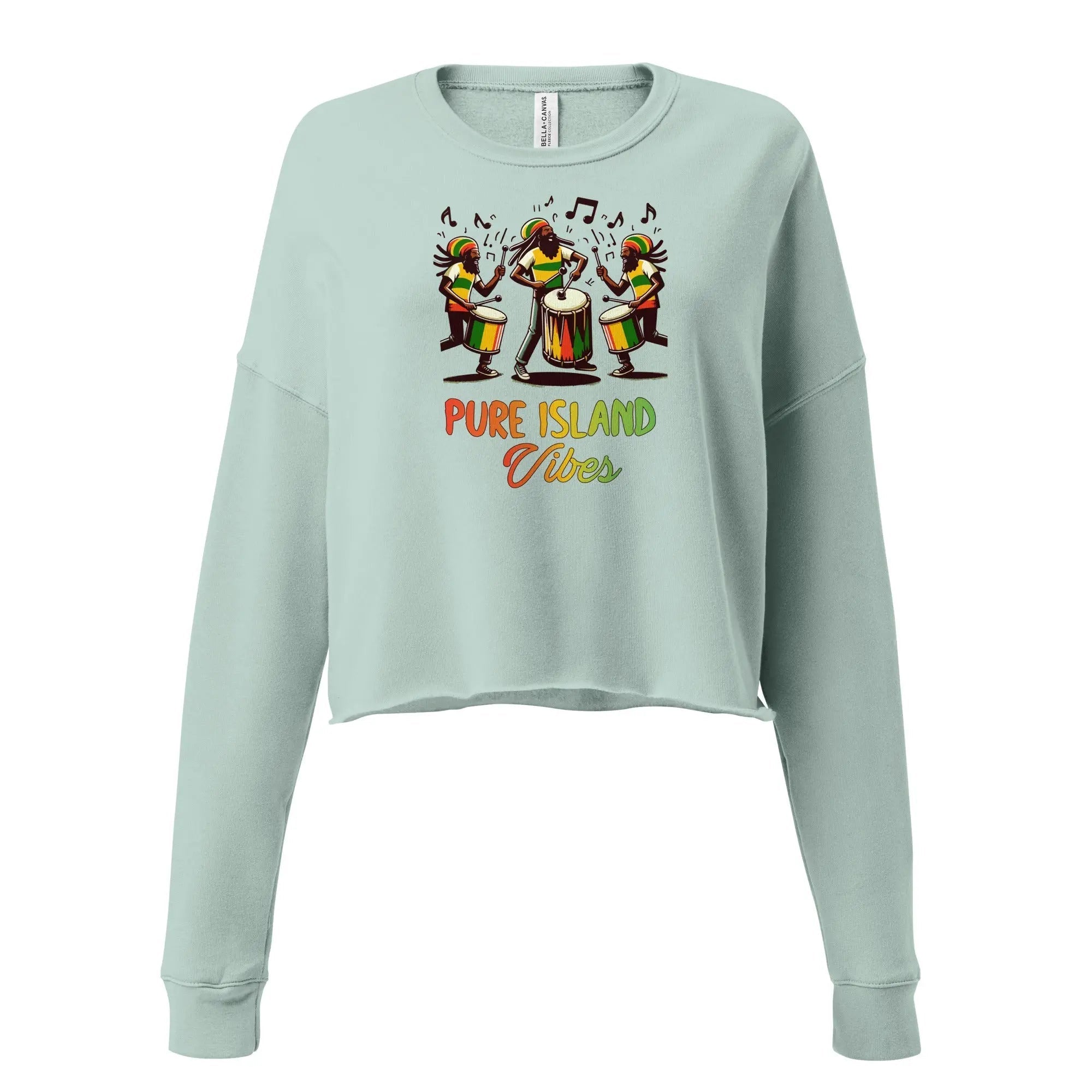 Pure Island Vibes crop sweatshirt with vibrant drummer design and colorful typography on light green fabric