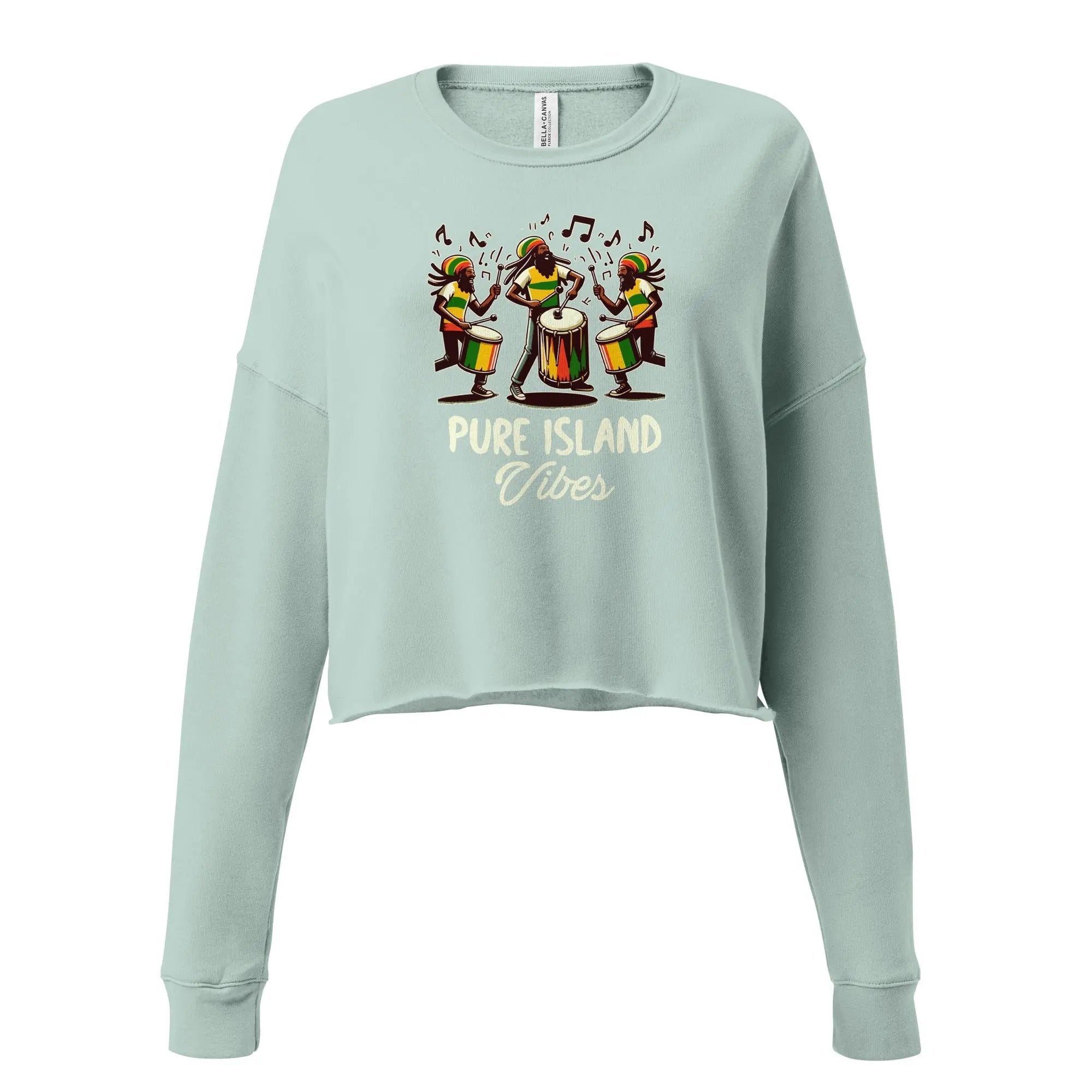 Light blue Pure Island Vibes crop sweatshirt with colorful drummers graphic and ribbed cuffs