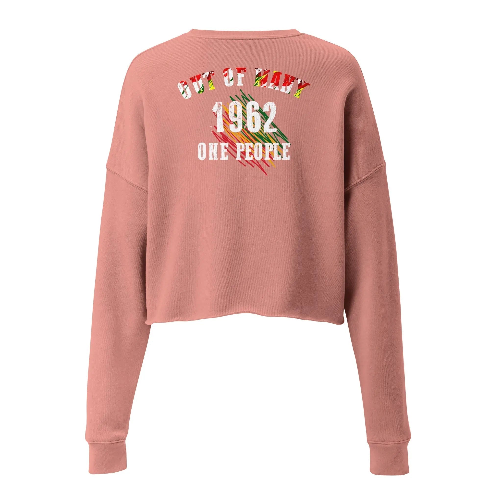 Jamaica Out Of Many One People cropped sweatshirt with tropical design and raw hem in soft pink fabric