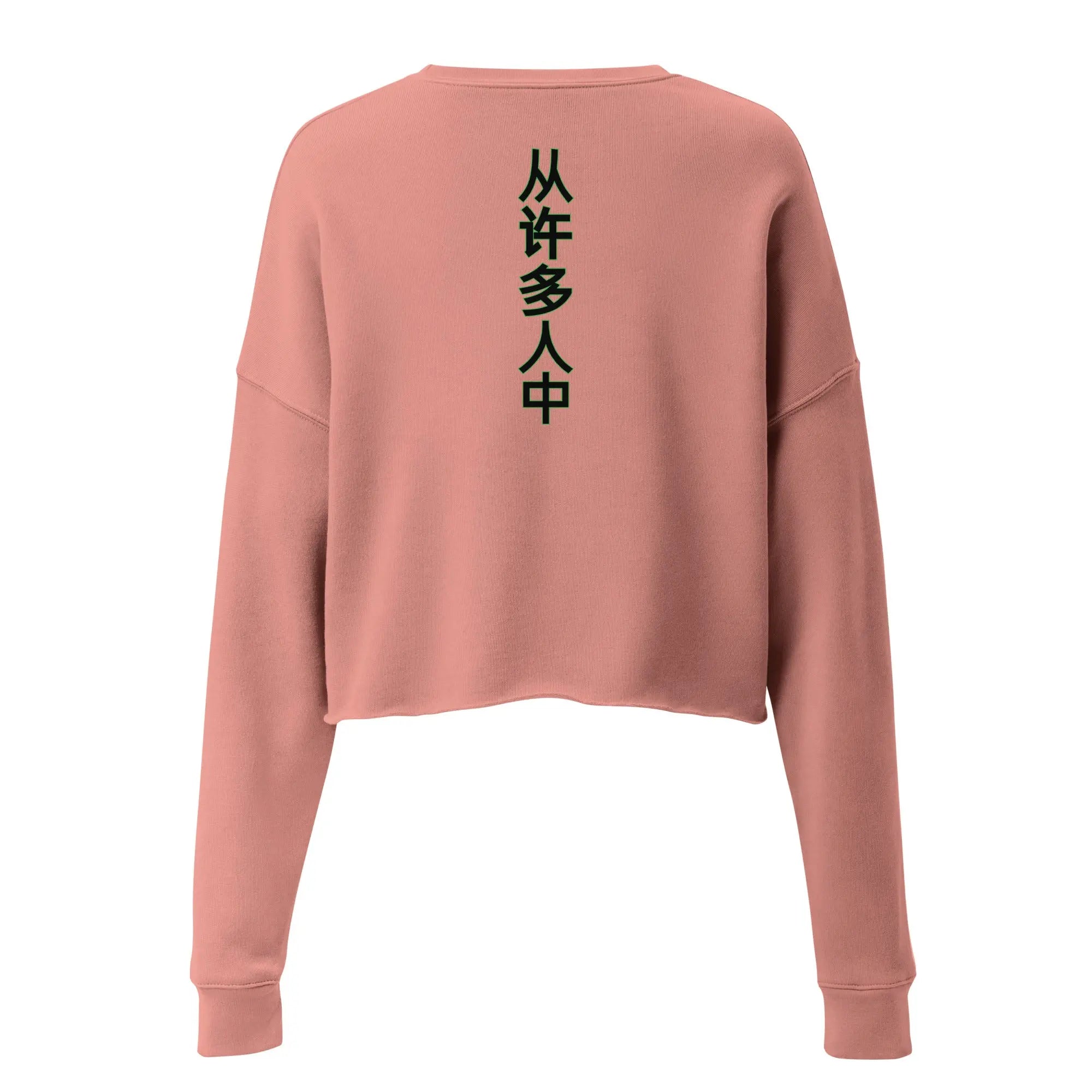 Back view of Out Of Many One People cropped sweatshirt in dusty pink with black Chinese characters on the back, featuring ribbed neckline and cuffs, raw hem, and a dropped shoulder cut.
