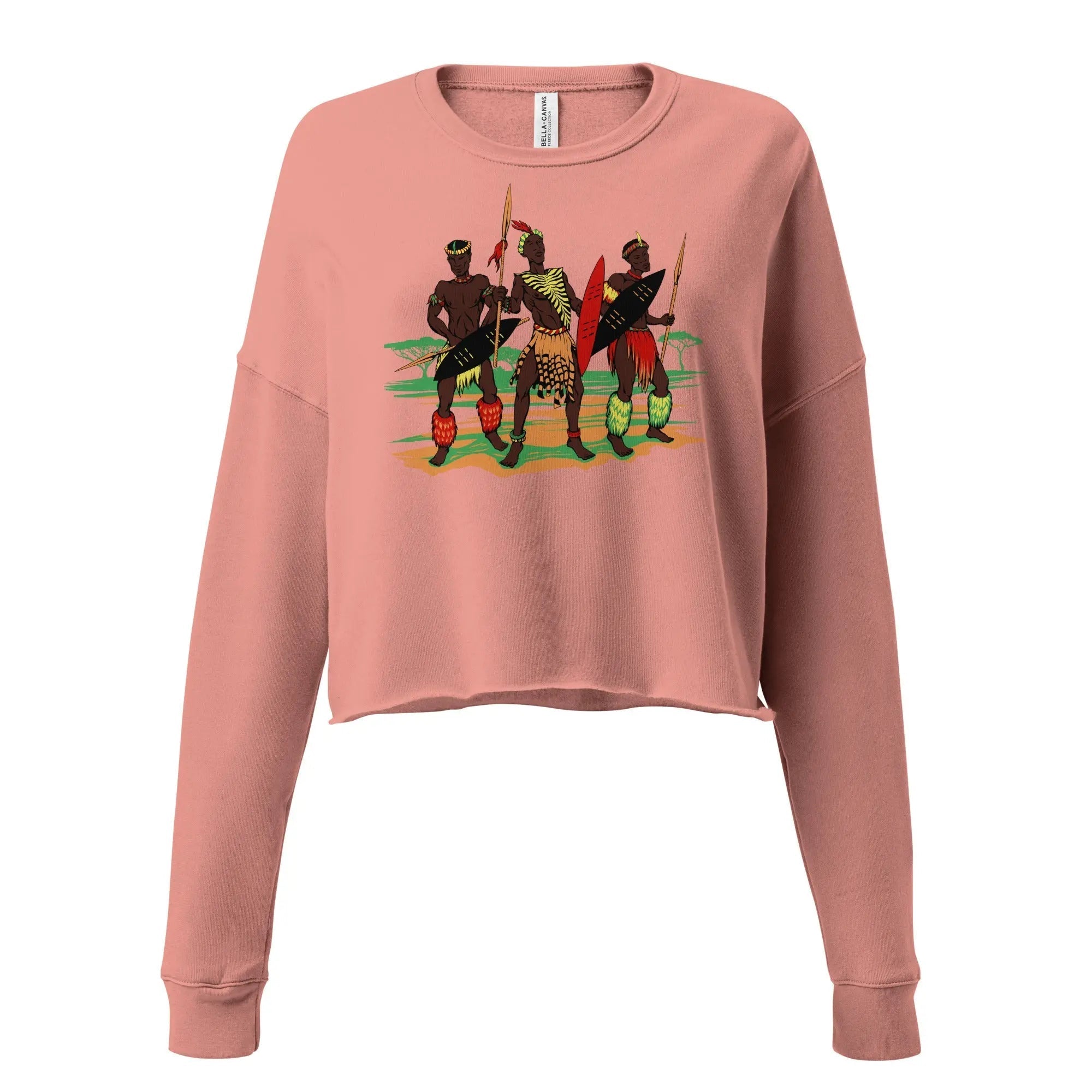 African Zulu Worriers crop sweatshirt with traditional warrior artwork and raw hem design