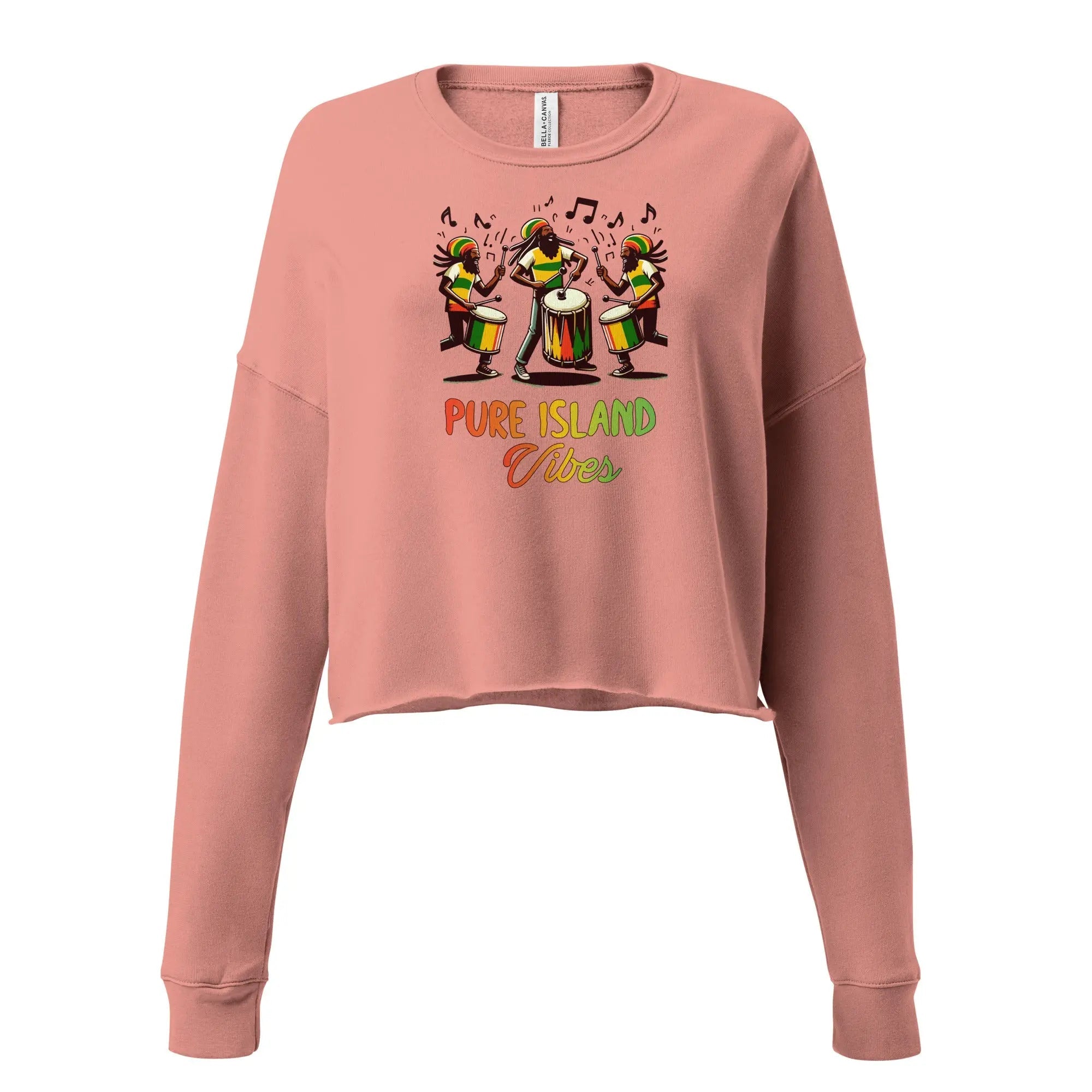 Pink cropped sweatshirt with colorful drummers graphic and "Pure Island Vibes" text