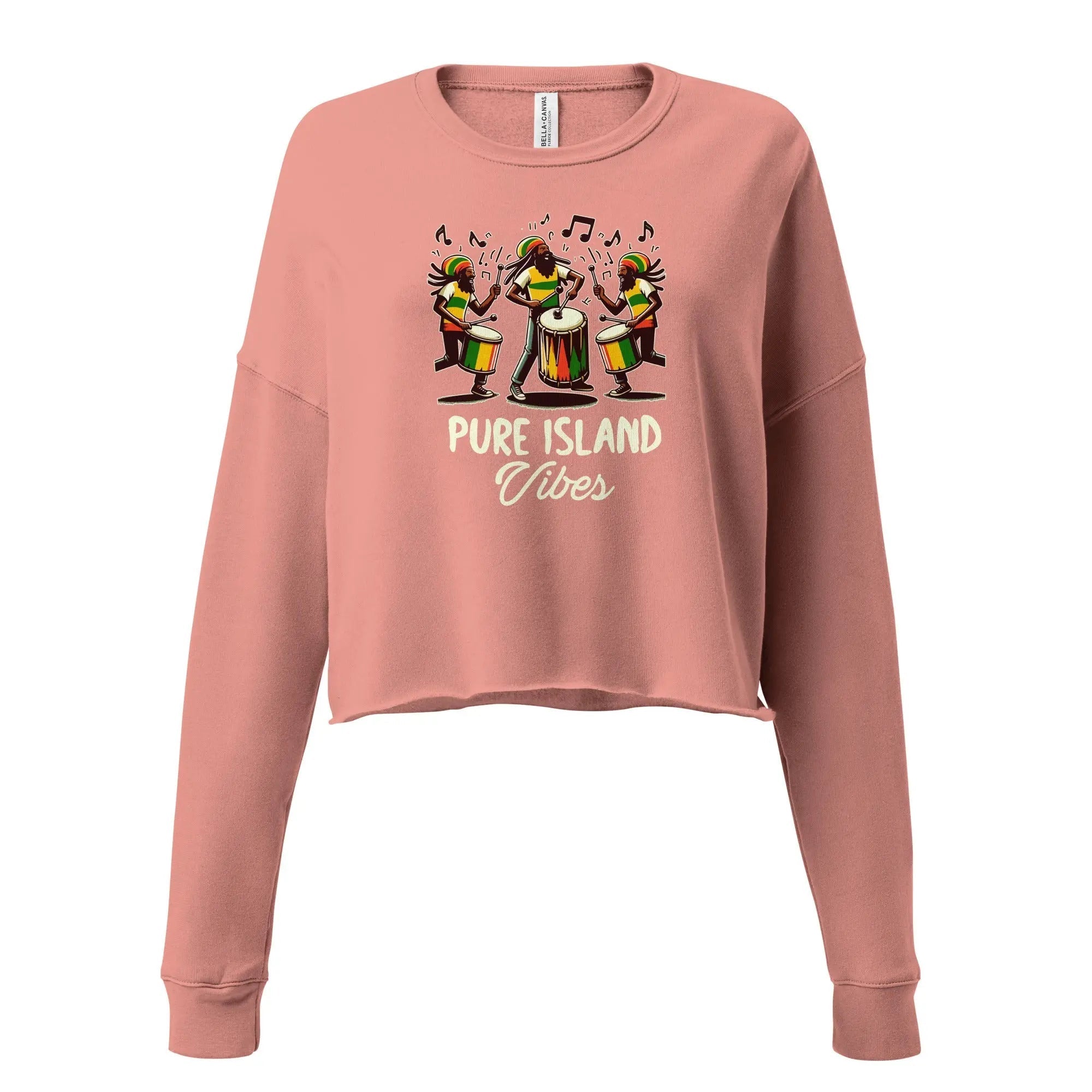 Pure Island Vibes Crop Sweatshirt with drummers graphic and raw hem in pink color