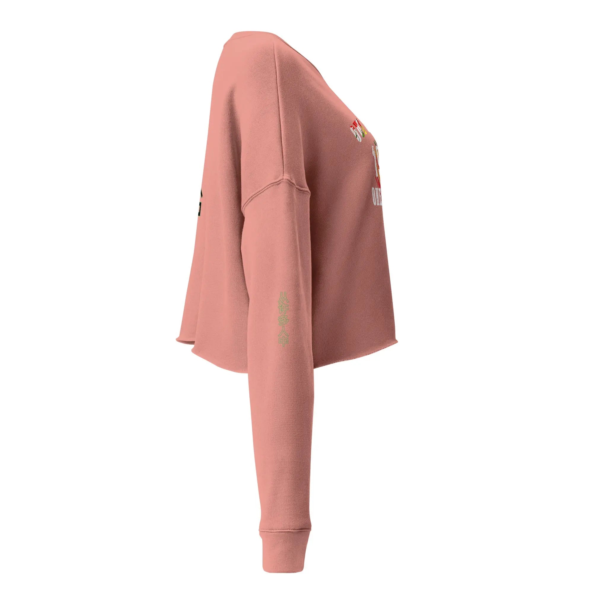 Side view of a pink "Out Of Many One People" cropped sweatshirt with ribbed neckline and raw hem, featuring bold typography and vibrant cultural patterns.