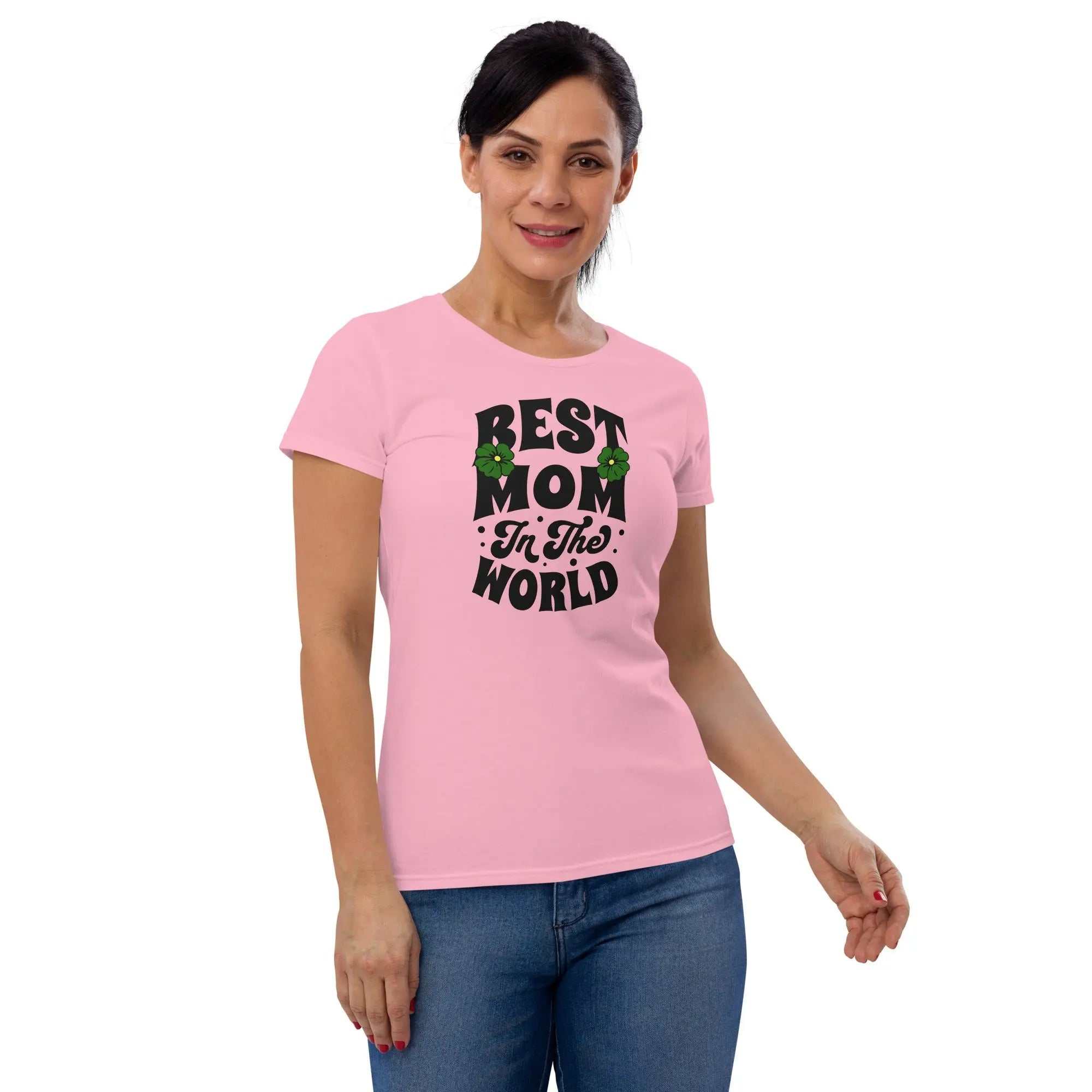 Mom Women's short sleeve t-shirt in pink with "Best Mom In The World" print, classic fit, 100% cotton, pre-shrunk fabric.