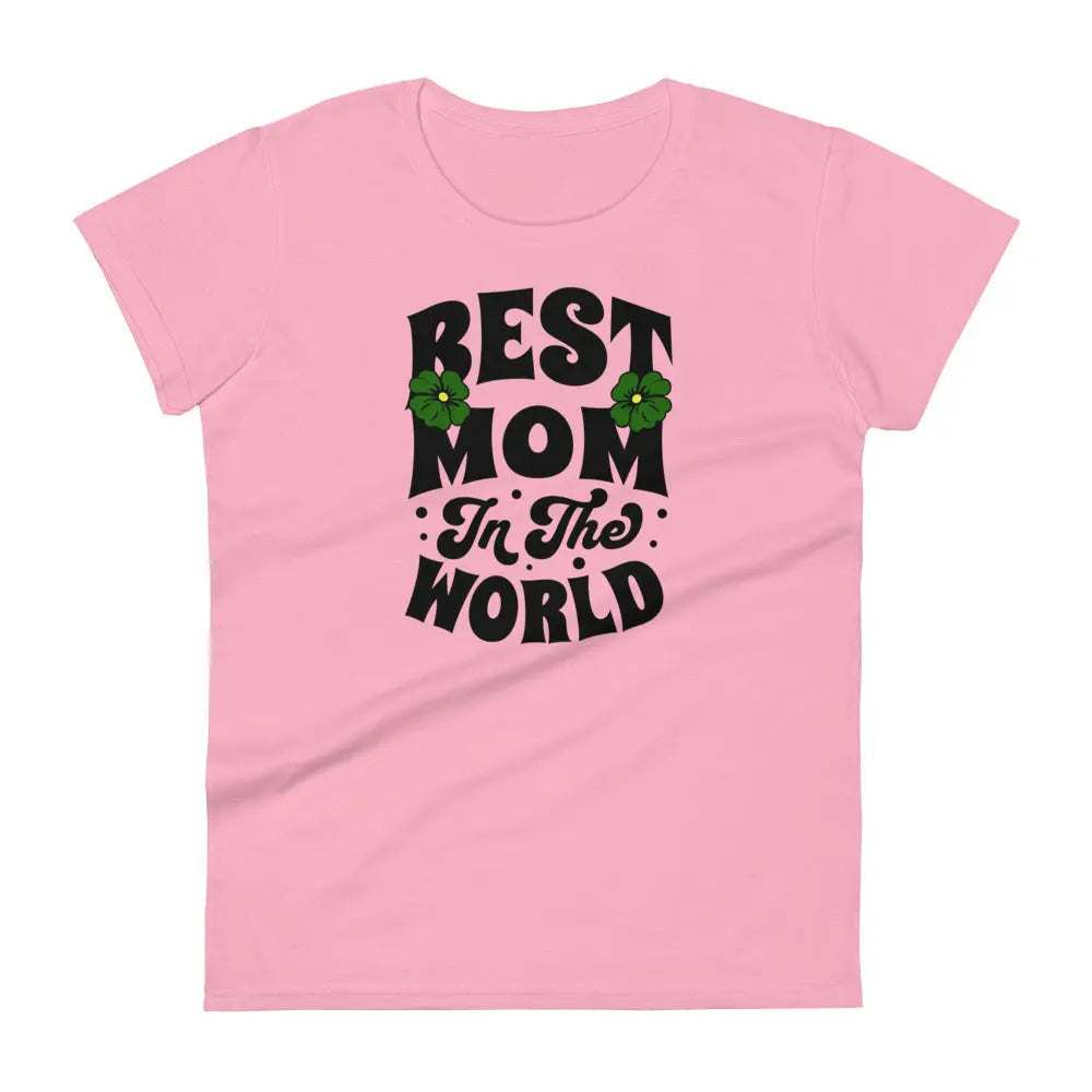 Pink Best Mom Women's short sleeve t-shirt with black text and green floral accents, made of 100% combed ringspun cotton.