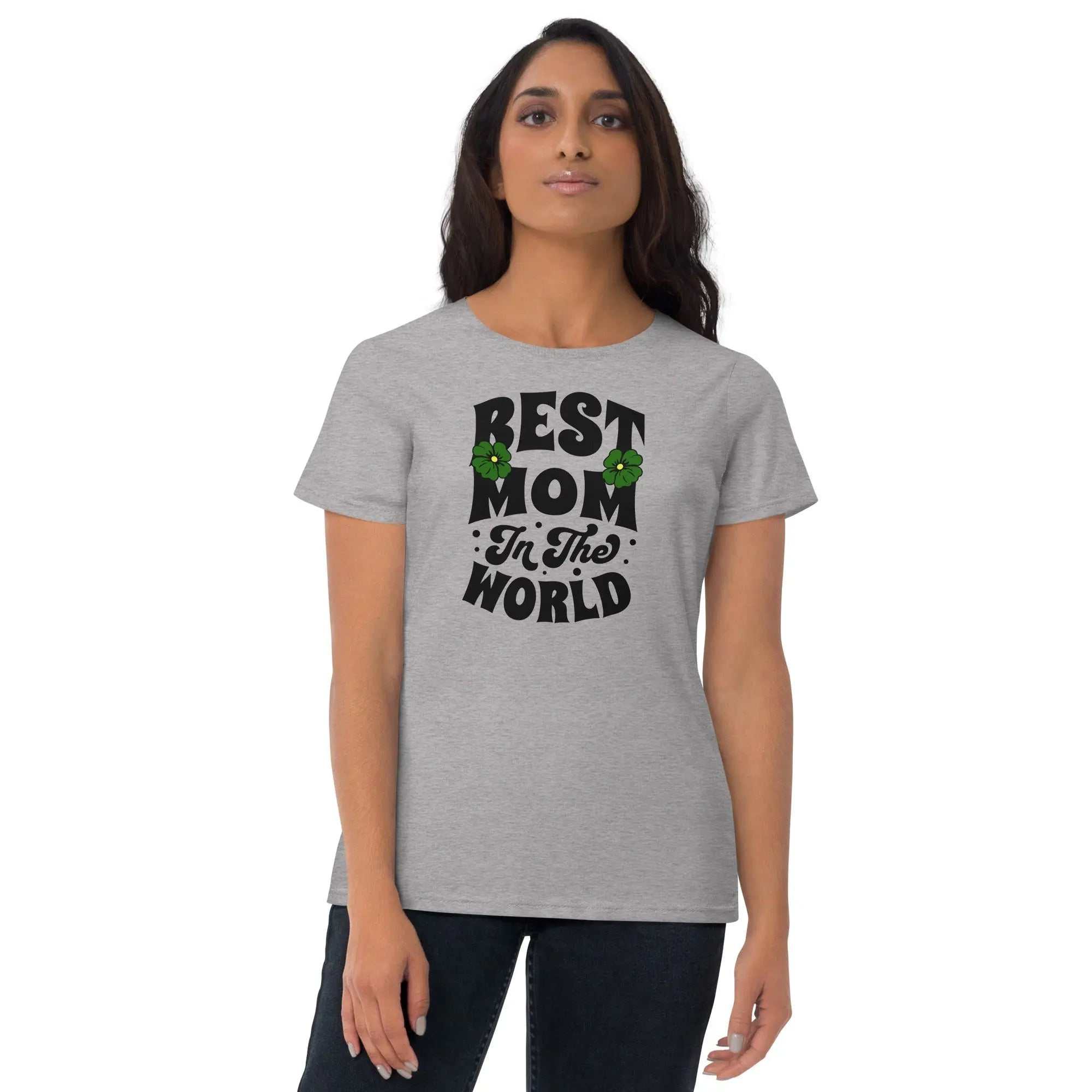 Woman wearing grey Best Mom Women's short sleeve t-shirt with black and green text design