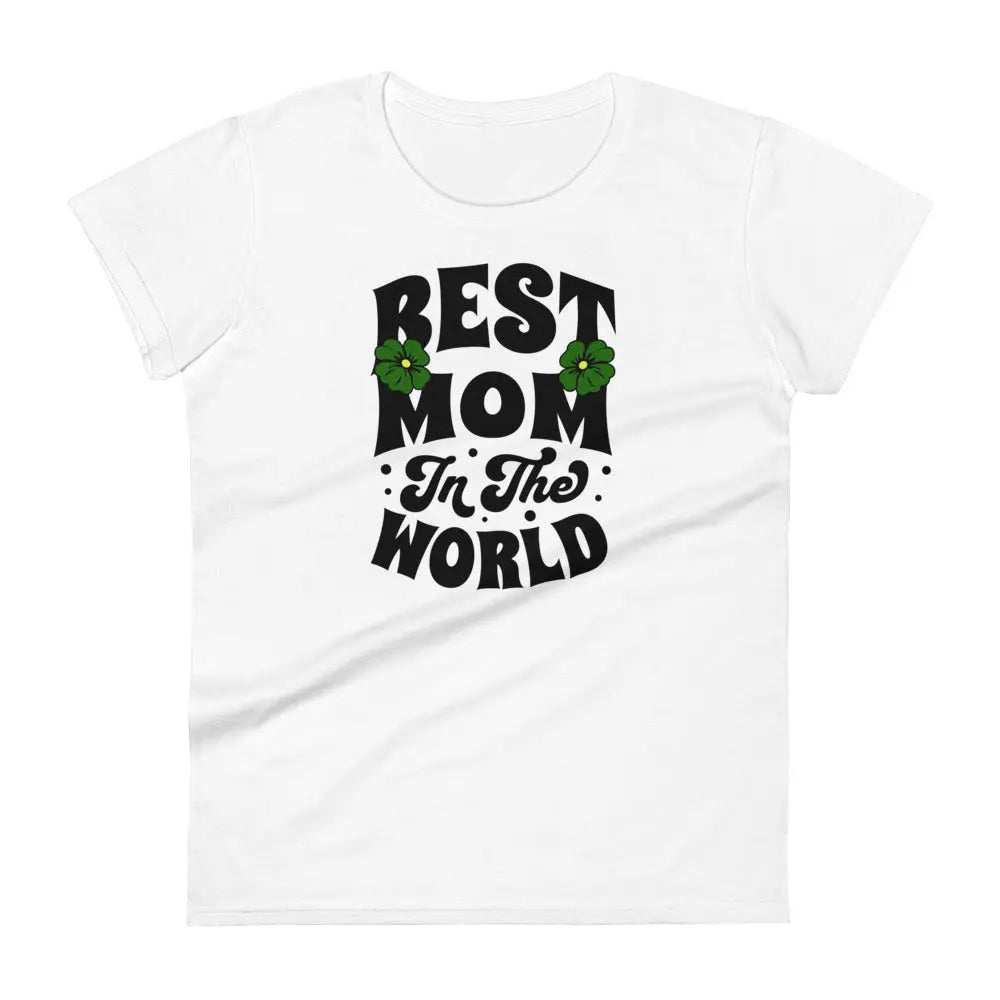 Best Mom women's short sleeve t-shirt in white with graphic text and floral design